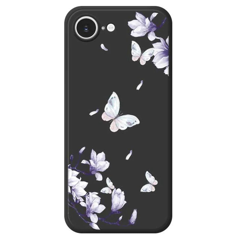 For iPhone 17e / 16e Case Butterfly Magnolia Pattern Printing Straight Edge TPU Phone Back Cover - Black - 1