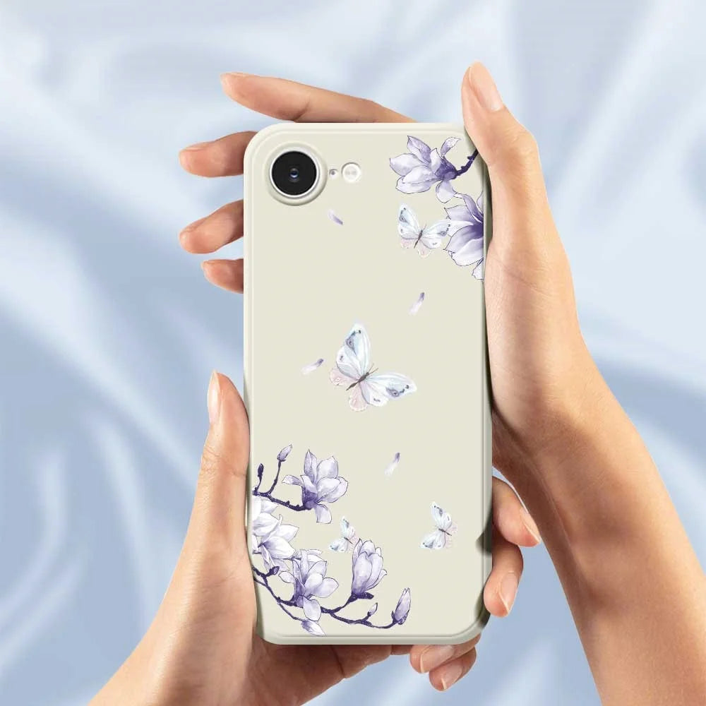 For iPhone 17e / 16e Case Butterfly Magnolia Pattern Printing Straight Edge TPU Phone Back Cover - Black - 4