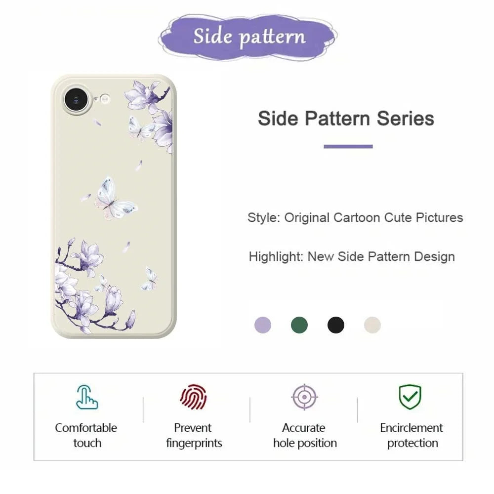 For iPhone 17e / 16e Case Butterfly Magnolia Pattern Printing Straight Edge TPU Phone Back Cover - Black - 7