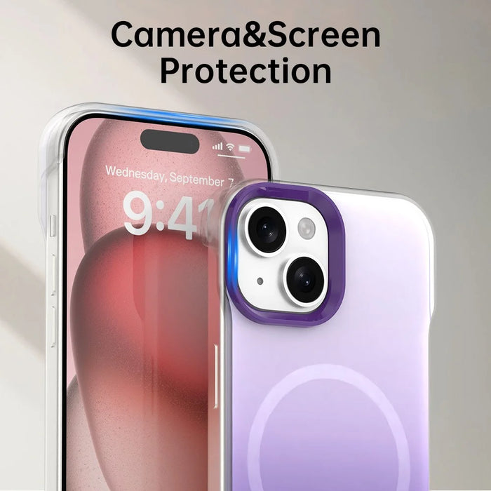 For iPhone 15 Magnetic Case Gradient Design Borderless IMD TPU + PC + PET Phone Cover - Purple - 7