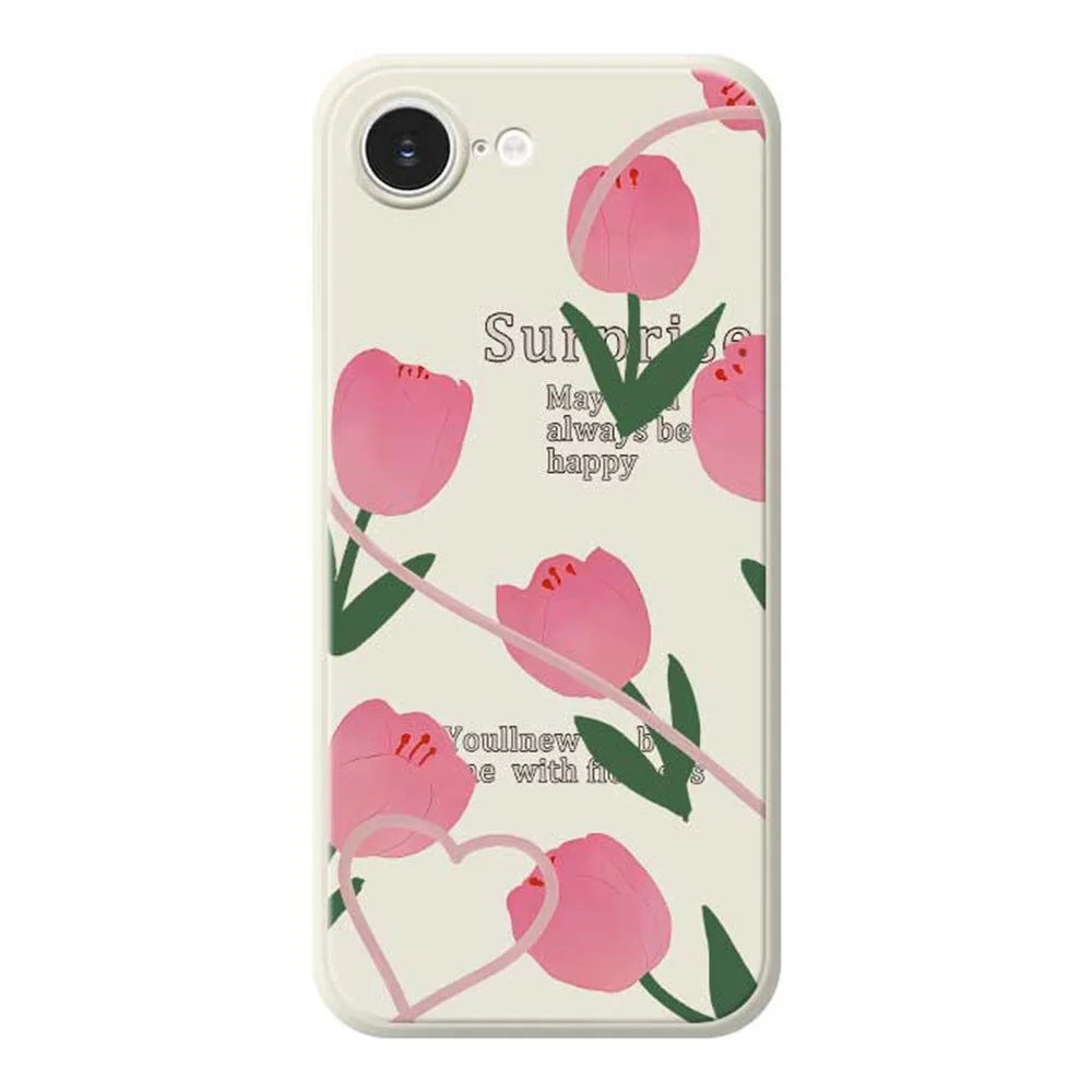 For iPhone 17e / 16e Case Tulip Pattern Printing Straight Edge TPU Phone Back Cover - Beige - 1