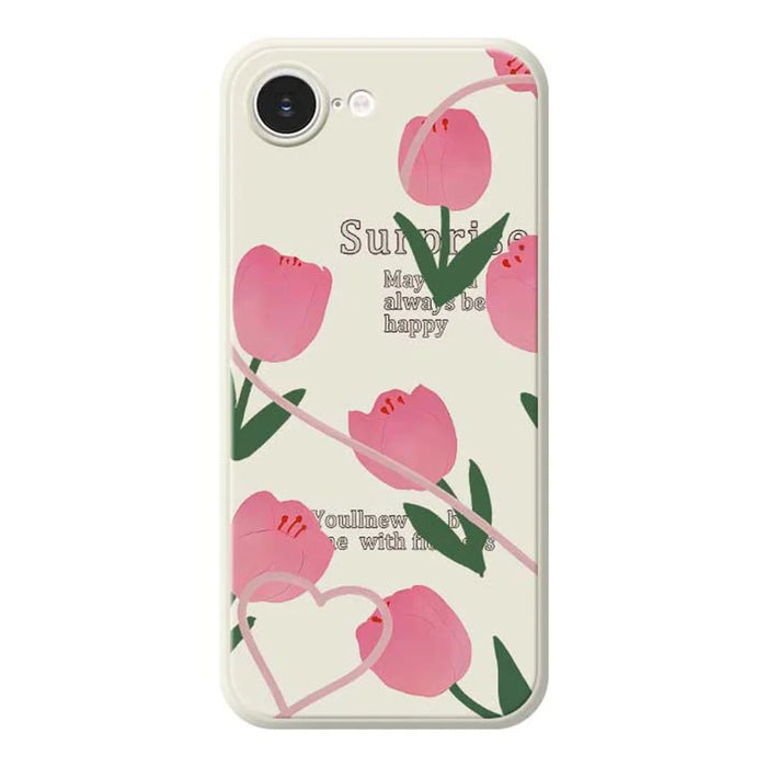 For iPhone 17e / 16e Case Tulip Pattern Printing Straight Edge TPU Phone Back Cover - Beige - 1