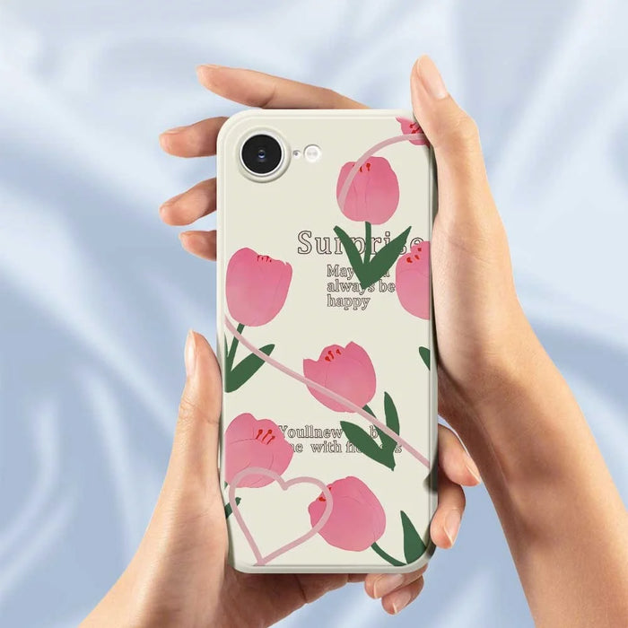 For iPhone 17e / 16e Case Tulip Pattern Printing Straight Edge TPU Phone Back Cover - Beige - 5