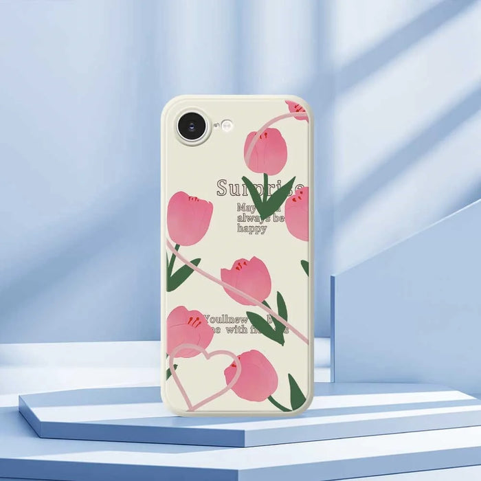 For iPhone 17e / 16e Case Tulip Pattern Printing Straight Edge TPU Phone Back Cover - Beige - 6
