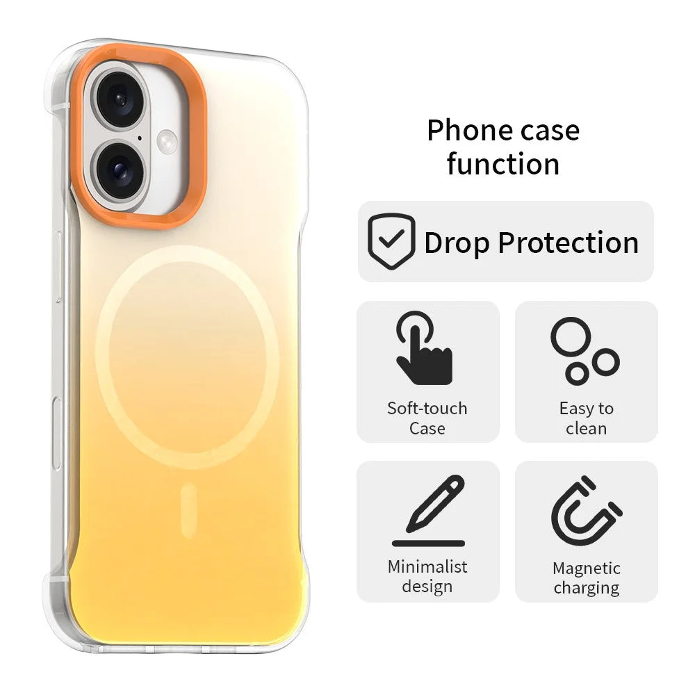 For iPhone 16 Magnetic Case Gradient Design Borderless IMD TPU + PC + PET Phone Cover - Orange - 2