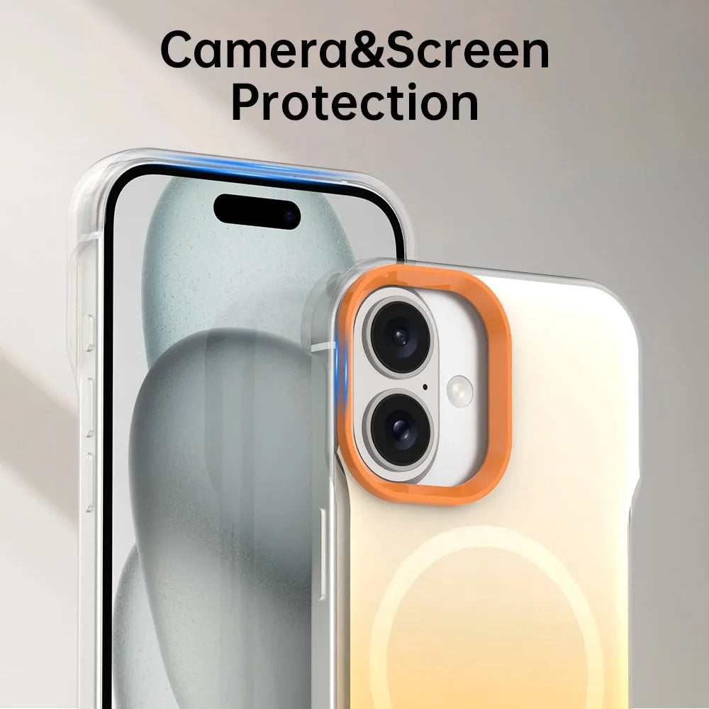 For iPhone 16 Magnetic Case Gradient Design Borderless IMD TPU + PC + PET Phone Cover - Orange - 7