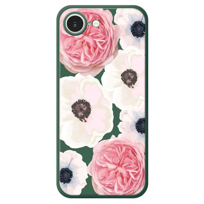 For iPhone 17e / 16e Case White and Pink Flower Pattern Printing Straight Edge TPU Phone Back Cover - Green - 1