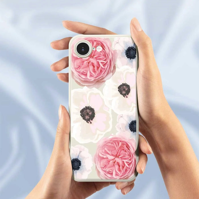 For iPhone 17e / 16e Case White and Pink Flower Pattern Printing Straight Edge TPU Phone Back Cover - Green - 4