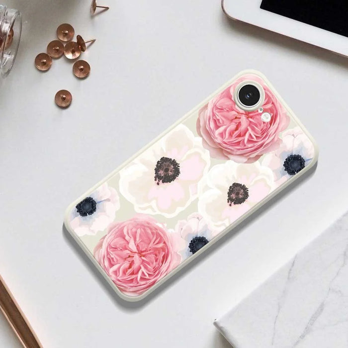 For iPhone 17e / 16e Case White and Pink Flower Pattern Printing Straight Edge TPU Phone Back Cover - Green - 6