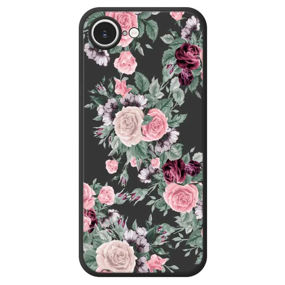 For iPhone 17e / 16e Case Flower Cluster Pattern Printing Straight Edge TPU Phone Back Cover - Black - 1