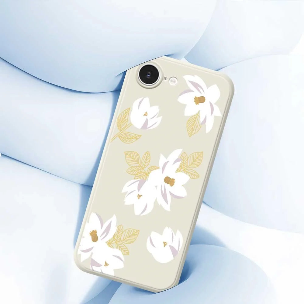 For iPhone 17e / 16e Case White Flower Pattern Printing Straight Edge TPU Phone Back Cover - Beige - 4