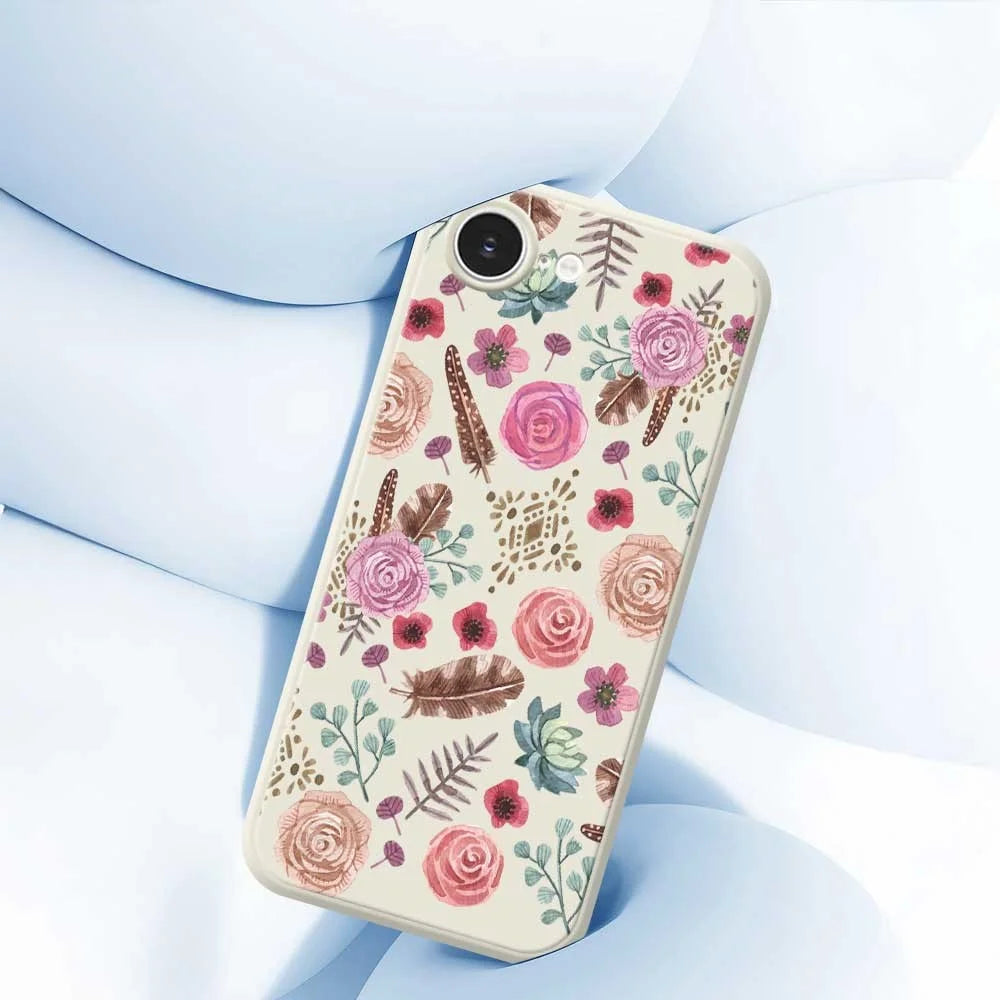 For iPhone 17e / 16e Case Various Flower Pattern Printing Straight Edge TPU Phone Back Cover - Beige - 4