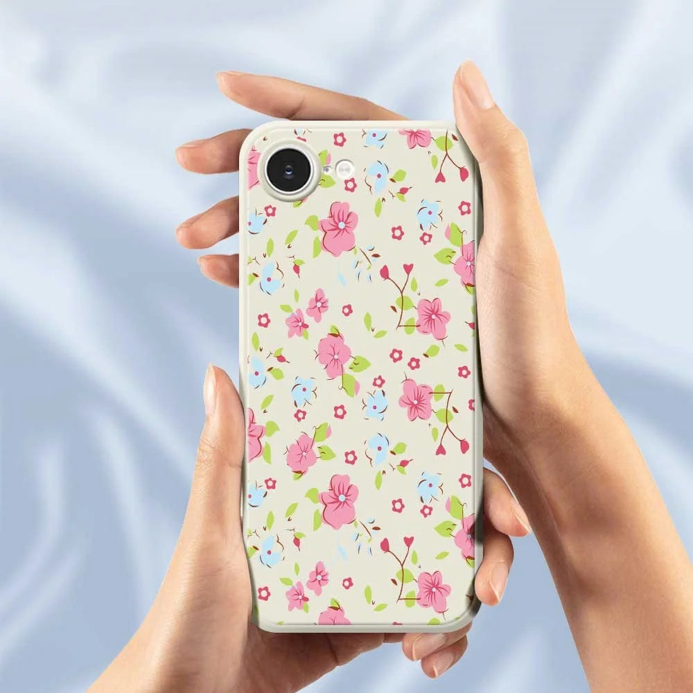 For iPhone 17e / 16e Case Pink and Blue Flowers Pattern Printing Straight Edge TPU Phone Back Cover - Beige - 5