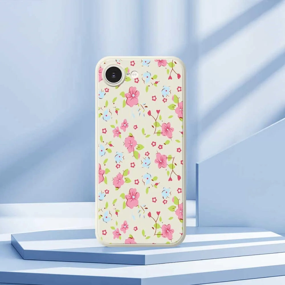 For iPhone 17e / 16e Case Pink and Blue Flowers Pattern Printing Straight Edge TPU Phone Back Cover - Beige - 7