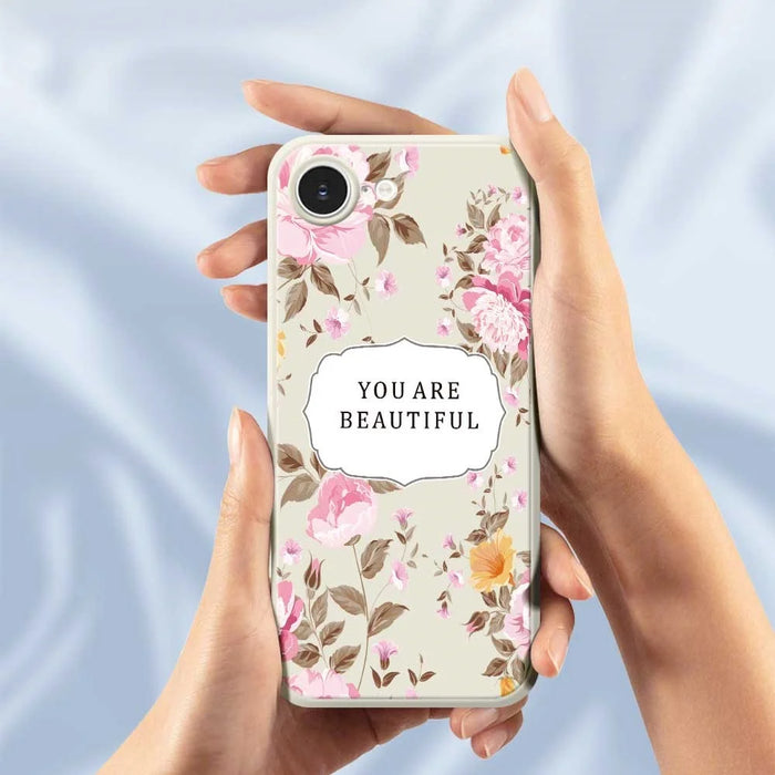 For iPhone 17e / 16e Case Beauitful Flowers Pattern Printing Straight Edge TPU Phone Back Cover - Beige - 5