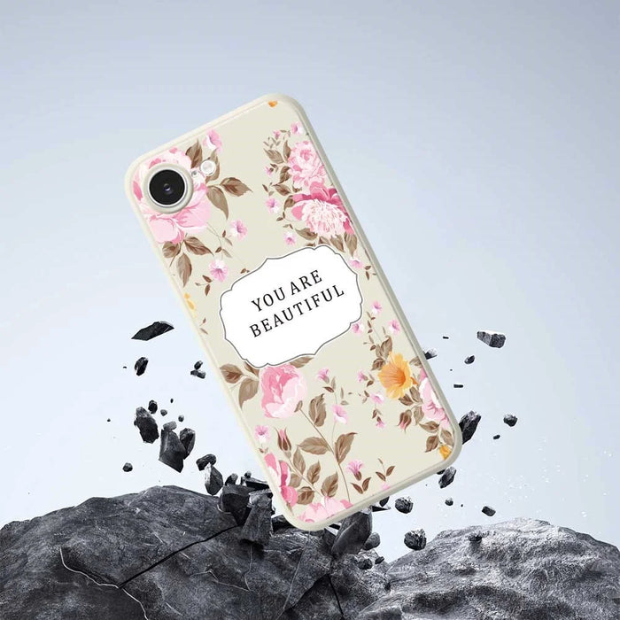 For iPhone 17e / 16e Case Beauitful Flowers Pattern Printing Straight Edge TPU Phone Back Cover - Beige - 6