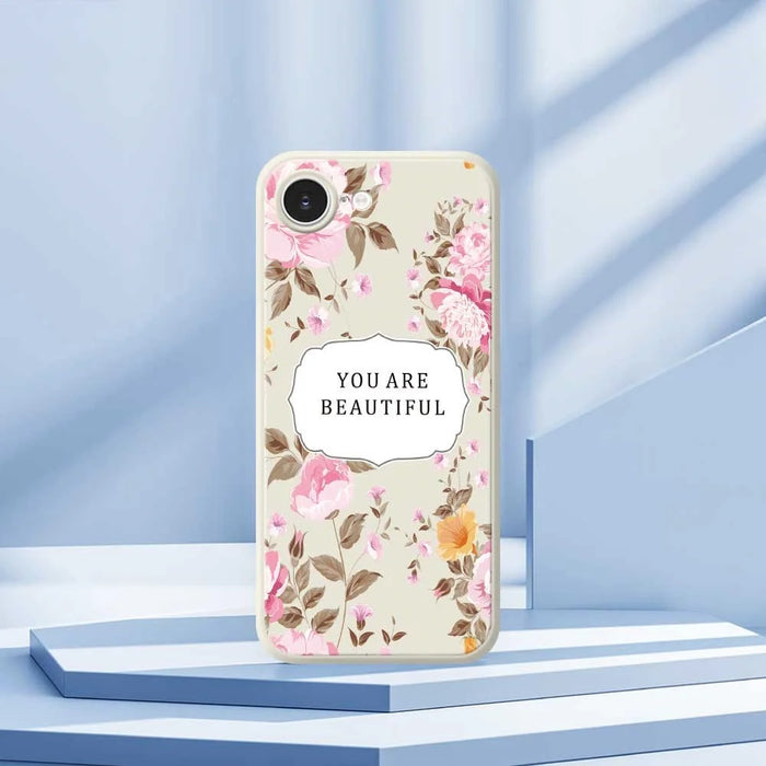 For iPhone 17e / 16e Case Beauitful Flowers Pattern Printing Straight Edge TPU Phone Back Cover - Beige - 7