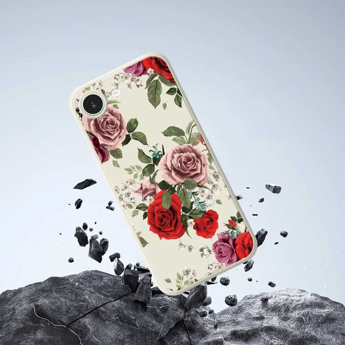 For iPhone 17e / 16e Case Red and Pink Flowers Pattern Printing Straight Edge TPU Phone Back Cover - Beige - 6