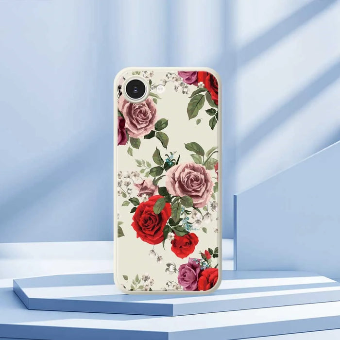 For iPhone 17e / 16e Case Red and Pink Flowers Pattern Printing Straight Edge TPU Phone Back Cover - Beige - 7