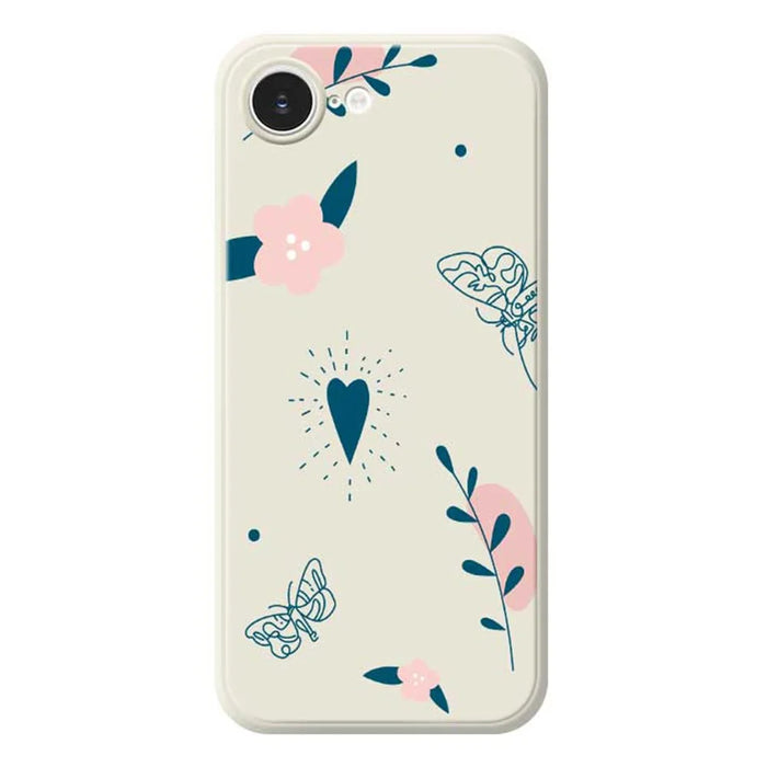 For iPhone 17e / 16e Case Blue Love Pink Flower Pattern Printing Straight Edge TPU Phone Back Cover - Beige - 1