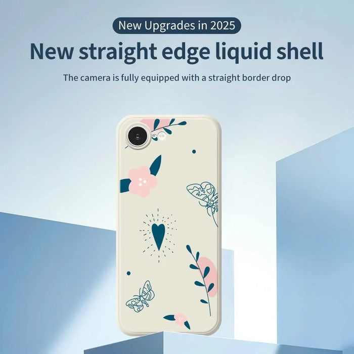 For iPhone 17e / 16e Case Blue Love Pink Flower Pattern Printing Straight Edge TPU Phone Back Cover - Beige - 2