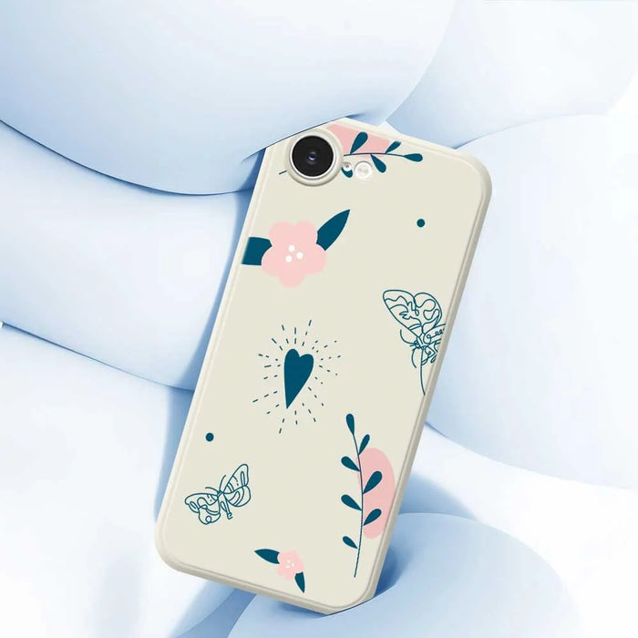 For iPhone 17e / 16e Case Blue Love Pink Flower Pattern Printing Straight Edge TPU Phone Back Cover - Beige - 4