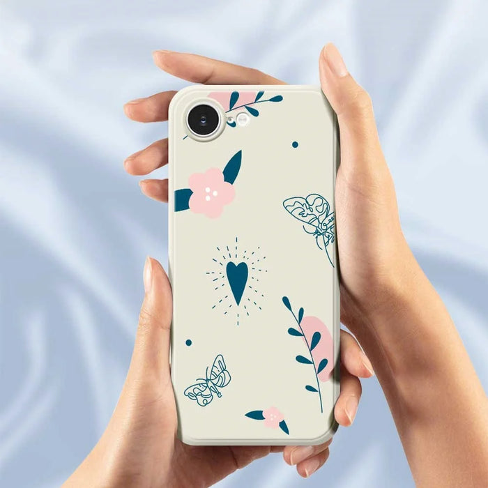 For iPhone 17e / 16e Case Blue Love Pink Flower Pattern Printing Straight Edge TPU Phone Back Cover - Beige - 5
