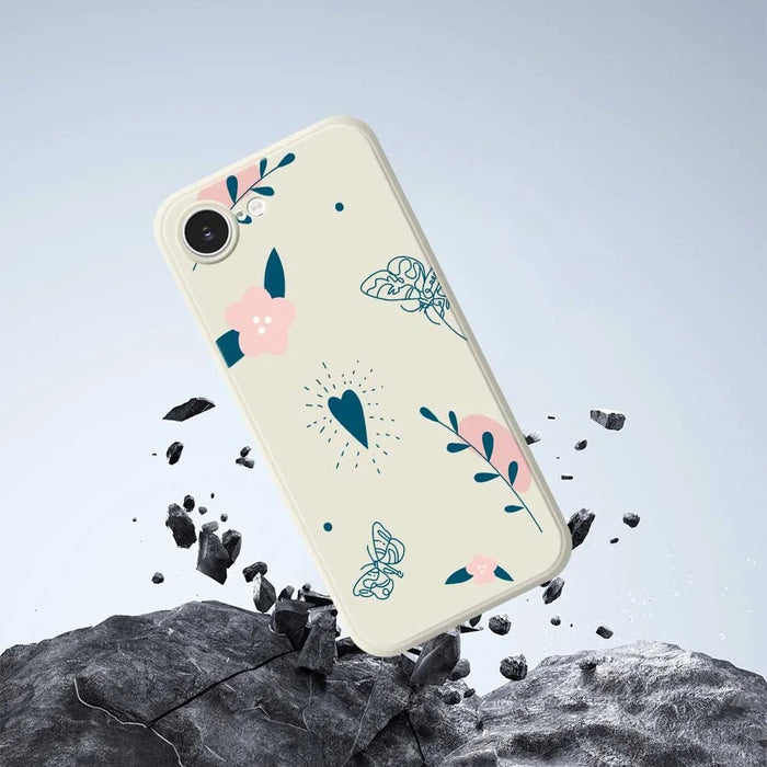 For iPhone 17e / 16e Case Blue Love Pink Flower Pattern Printing Straight Edge TPU Phone Back Cover - Beige - 6