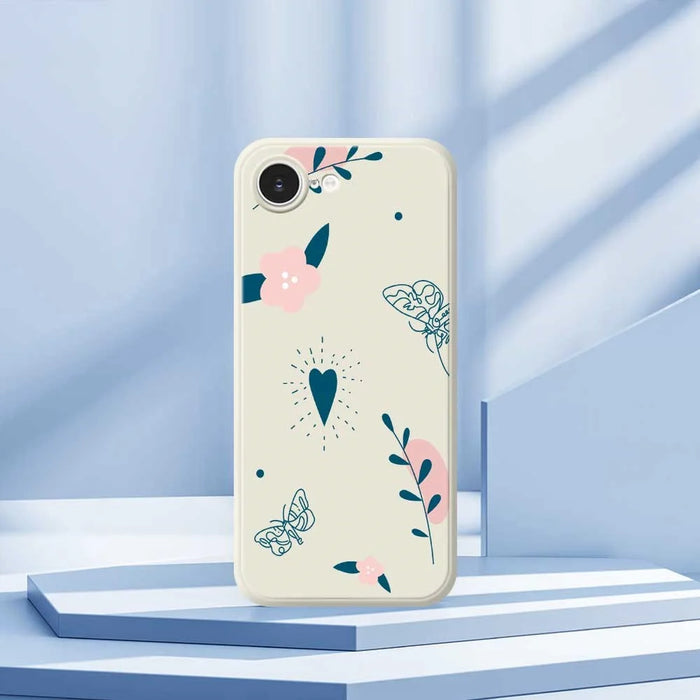 For iPhone 17e / 16e Case Blue Love Pink Flower Pattern Printing Straight Edge TPU Phone Back Cover - Beige - 7