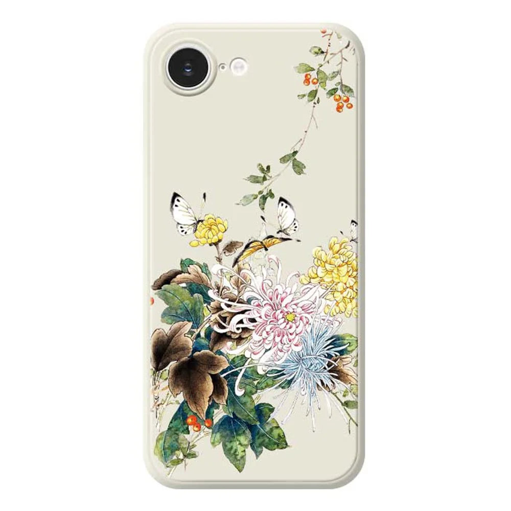 For iPhone 17e / 16e Case Butterfly Chrysanthemum Pattern Printing Straight Edge TPU Phone Back Cover - Beige - 1