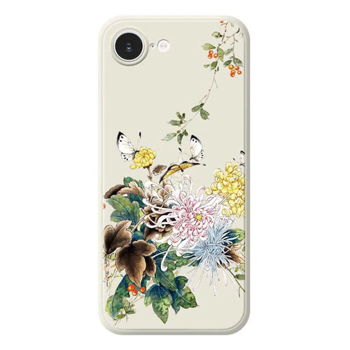 For iPhone 17e / 16e Case Butterfly Chrysanthemum Pattern Printing Straight Edge TPU Phone Back Cover - Beige - 1