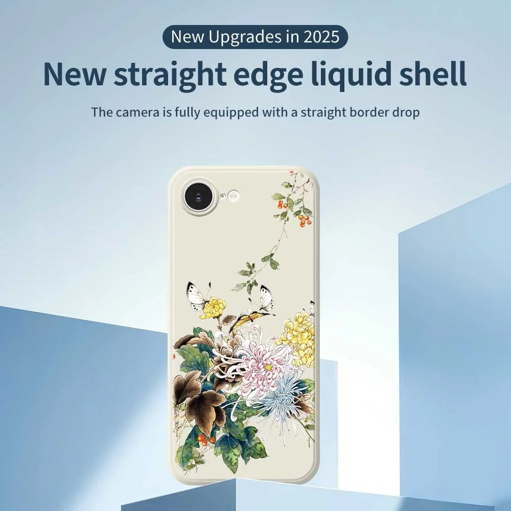 For iPhone 17e / 16e Case Butterfly Chrysanthemum Pattern Printing Straight Edge TPU Phone Back Cover - Beige - 2