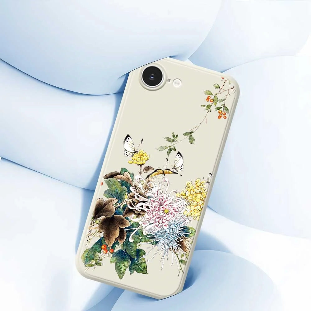For iPhone 17e / 16e Case Butterfly Chrysanthemum Pattern Printing Straight Edge TPU Phone Back Cover - Beige - 4