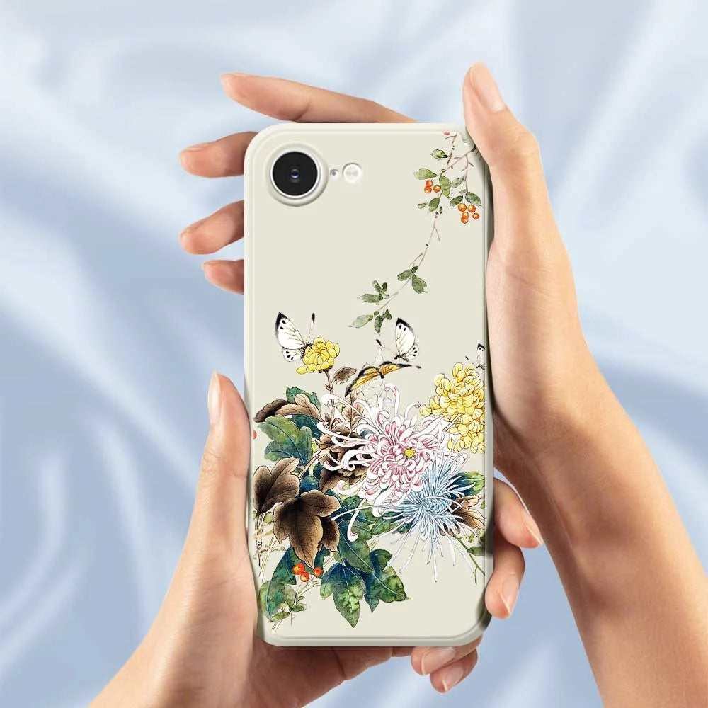 For iPhone 17e / 16e Case Butterfly Chrysanthemum Pattern Printing Straight Edge TPU Phone Back Cover - Beige - 5