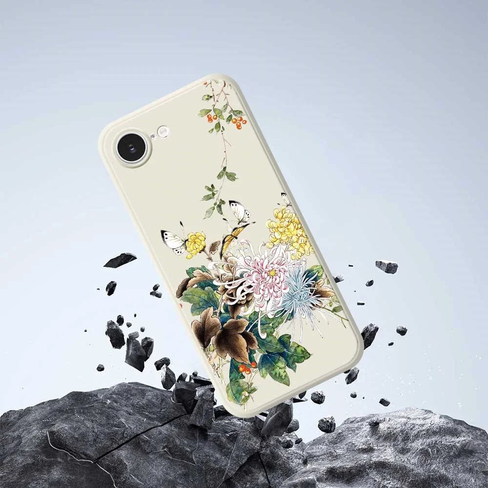 For iPhone 17e / 16e Case Butterfly Chrysanthemum Pattern Printing Straight Edge TPU Phone Back Cover - Beige - 6