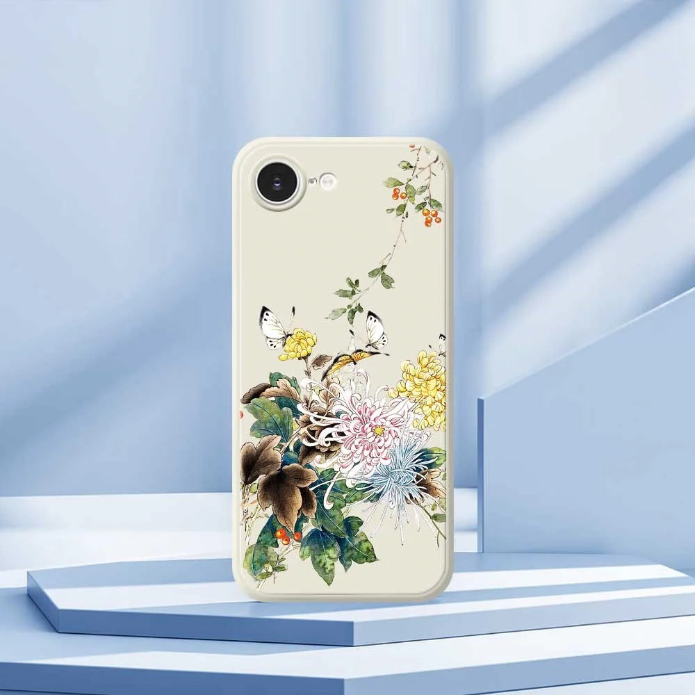 For iPhone 17e / 16e Case Butterfly Chrysanthemum Pattern Printing Straight Edge TPU Phone Back Cover - Beige - 7