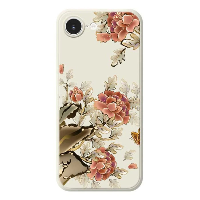 For iPhone 17e / 16e Case Red Flowers Pattern Printing Straight Edge TPU Phone Back Cover - Beige - 1