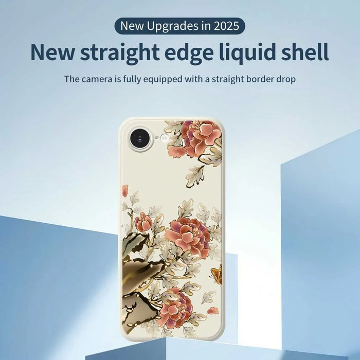 For iPhone 17e / 16e Case Red Flowers Pattern Printing Straight Edge TPU Phone Back Cover - Beige - 2