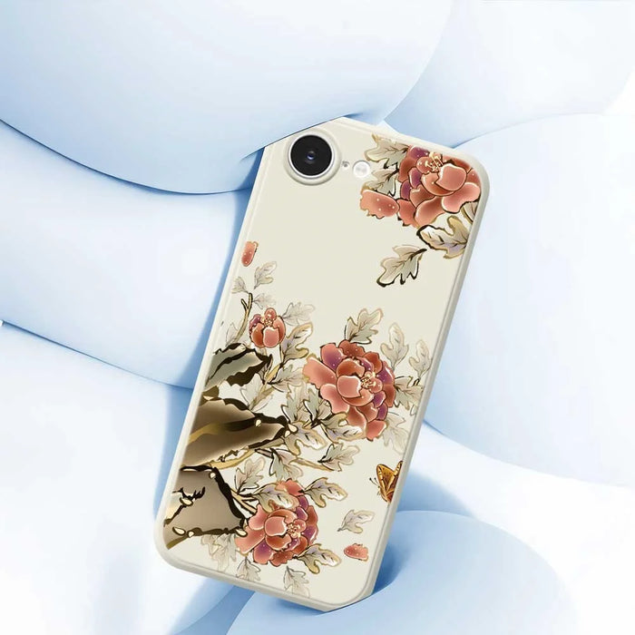 For iPhone 17e / 16e Case Red Flowers Pattern Printing Straight Edge TPU Phone Back Cover - Beige - 4