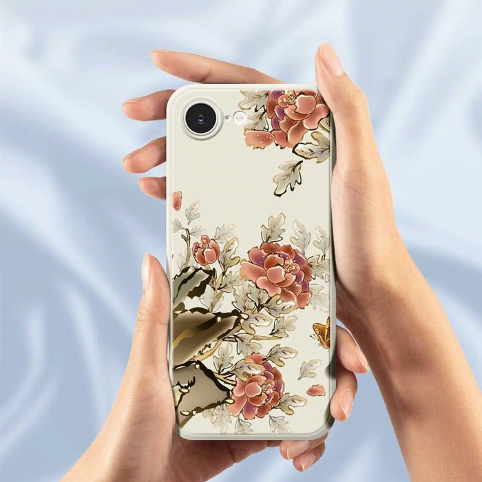 For iPhone 17e / 16e Case Red Flowers Pattern Printing Straight Edge TPU Phone Back Cover - Beige - 5