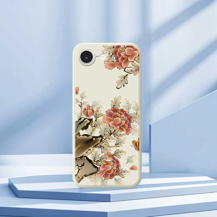 For iPhone 17e / 16e Case Red Flowers Pattern Printing Straight Edge TPU Phone Back Cover - Beige - 7