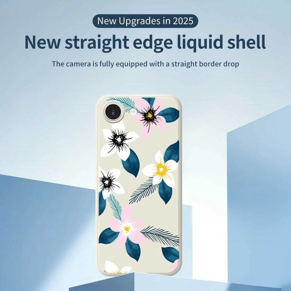 For iPhone 17e / 16e Case Pink White Flowers Blue Leaves Pattern Printing Straight Edge TPU Phone Back Cover - Beige - 2