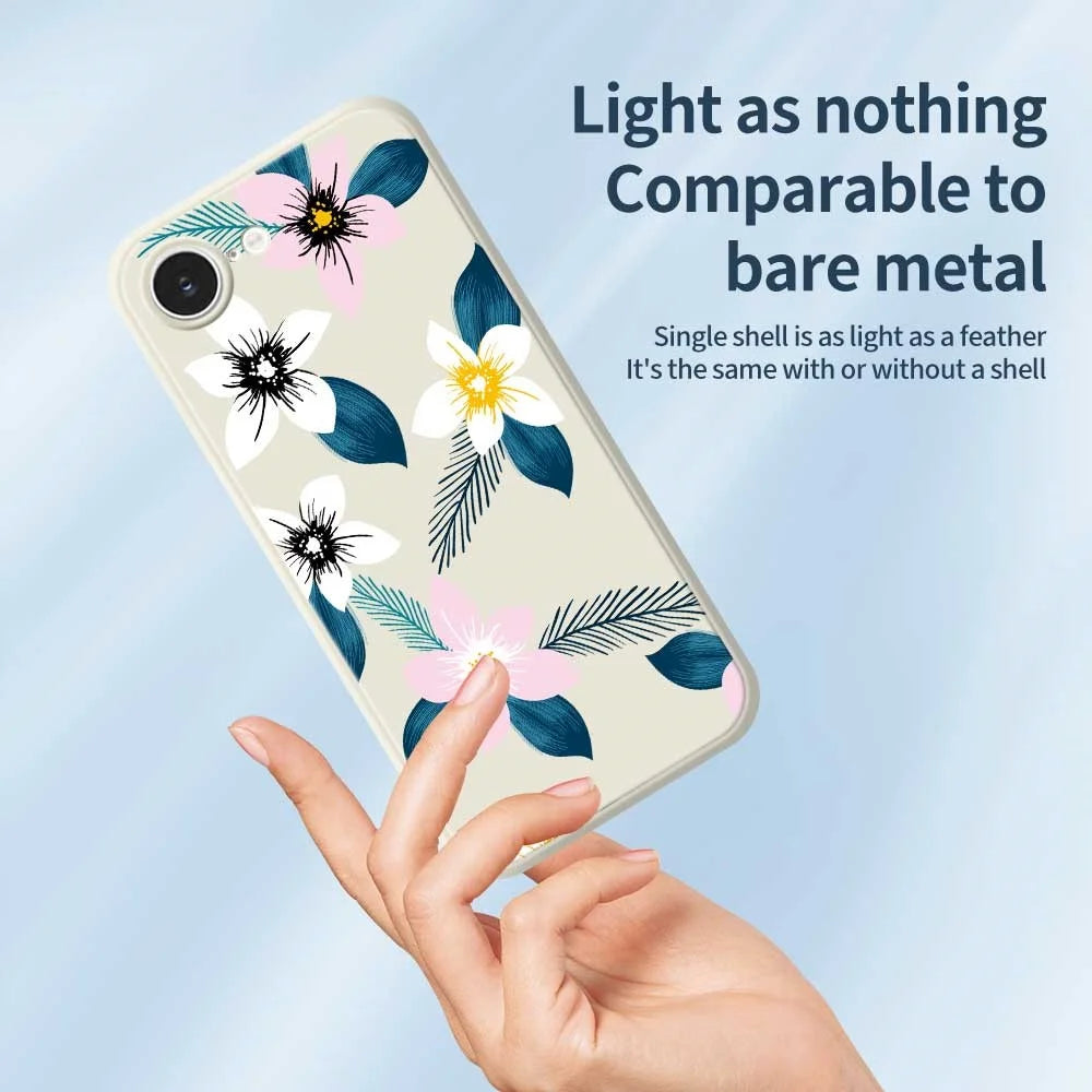 For iPhone 17e / 16e Case Pink White Flowers Blue Leaves Pattern Printing Straight Edge TPU Phone Back Cover - Beige - 3