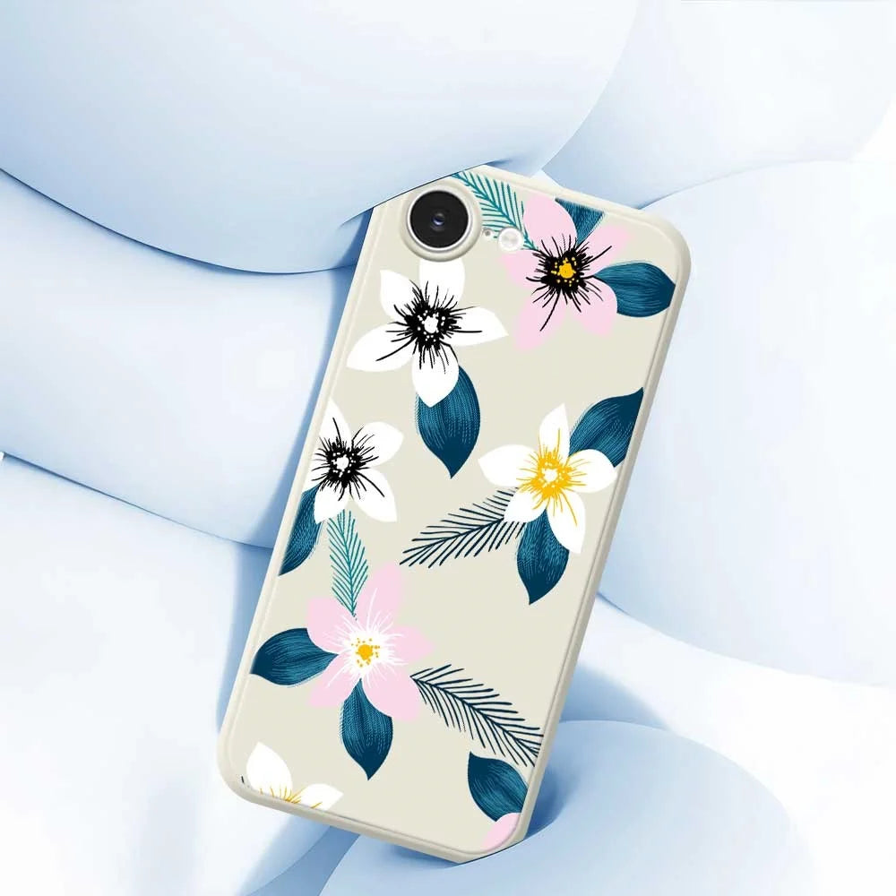 For iPhone 17e / 16e Case Pink White Flowers Blue Leaves Pattern Printing Straight Edge TPU Phone Back Cover - Beige - 4