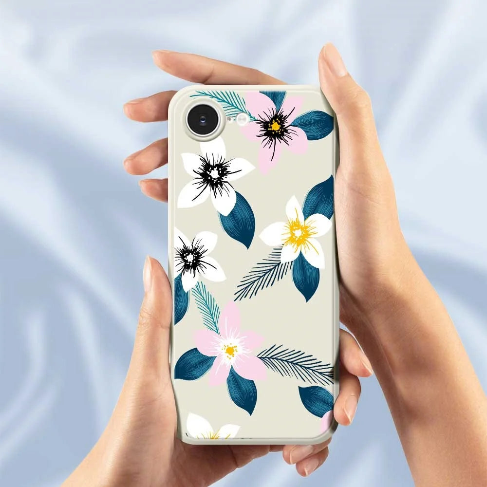 For iPhone 17e / 16e Case Pink White Flowers Blue Leaves Pattern Printing Straight Edge TPU Phone Back Cover - Beige - 5