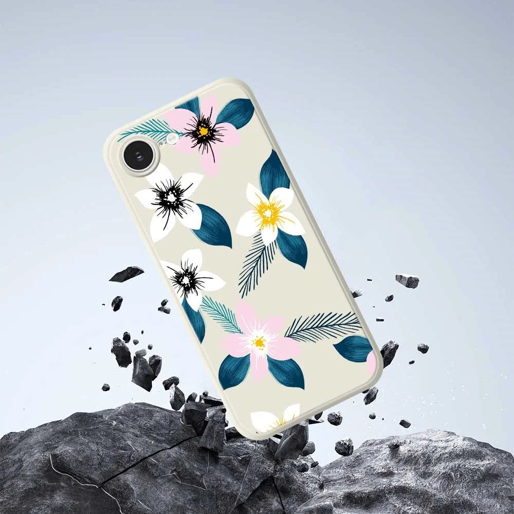 For iPhone 17e / 16e Case Pink White Flowers Blue Leaves Pattern Printing Straight Edge TPU Phone Back Cover - Beige - 6