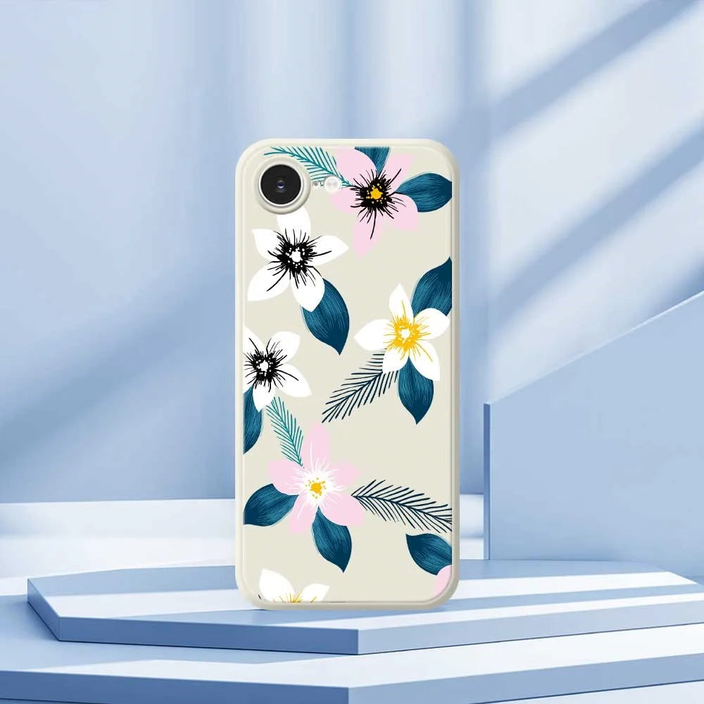 For iPhone 17e / 16e Case Pink White Flowers Blue Leaves Pattern Printing Straight Edge TPU Phone Back Cover - Beige - 7