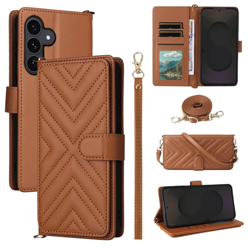 For Samsung Galaxy S25 FE Case with Shoulder / Wrist Strap Leather Phone Cover Stand Wallet - Brown - 1