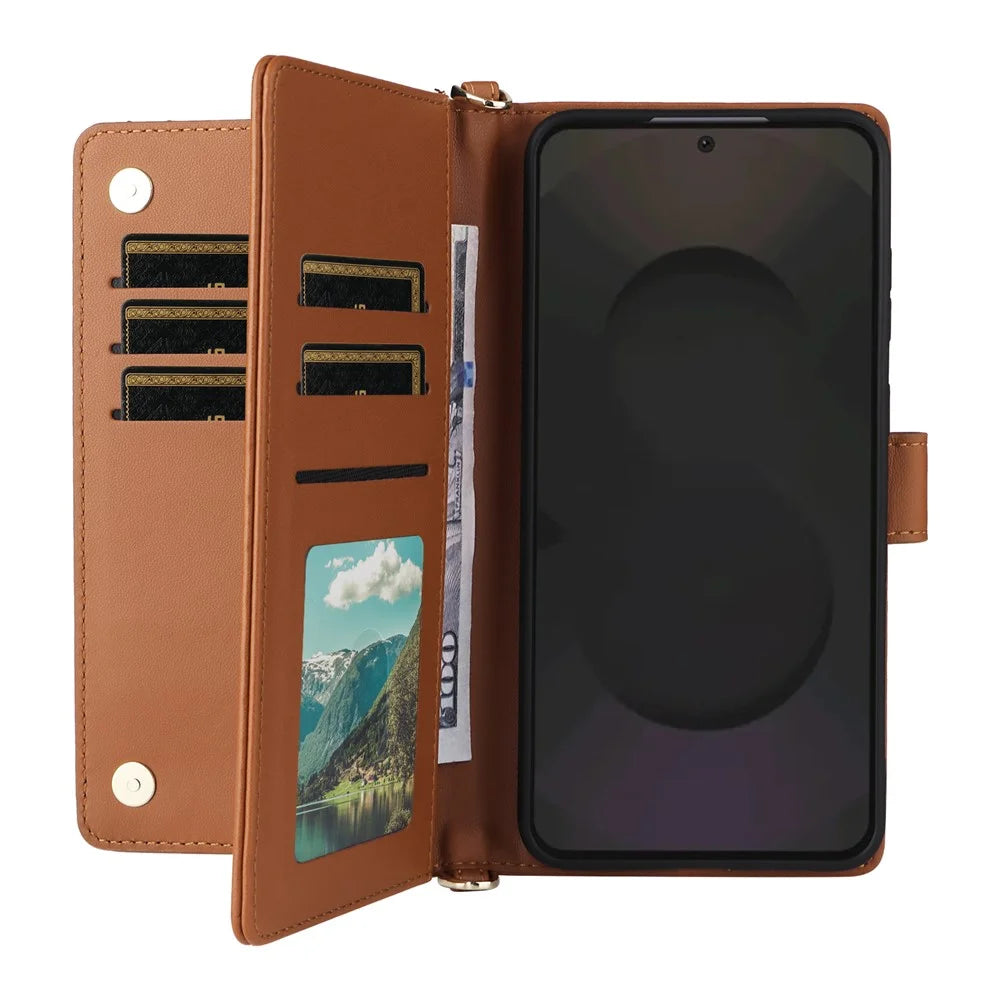 For Samsung Galaxy S25 FE Case with Shoulder / Wrist Strap Leather Phone Cover Stand Wallet - Brown - 2