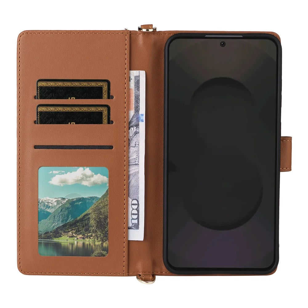 For Samsung Galaxy S25 FE Case with Shoulder / Wrist Strap Leather Phone Cover Stand Wallet - Brown - 3